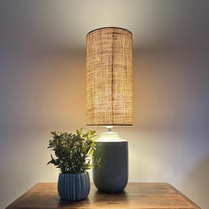 Hessian drum extra tall cylindrical lampshade, with a white lining