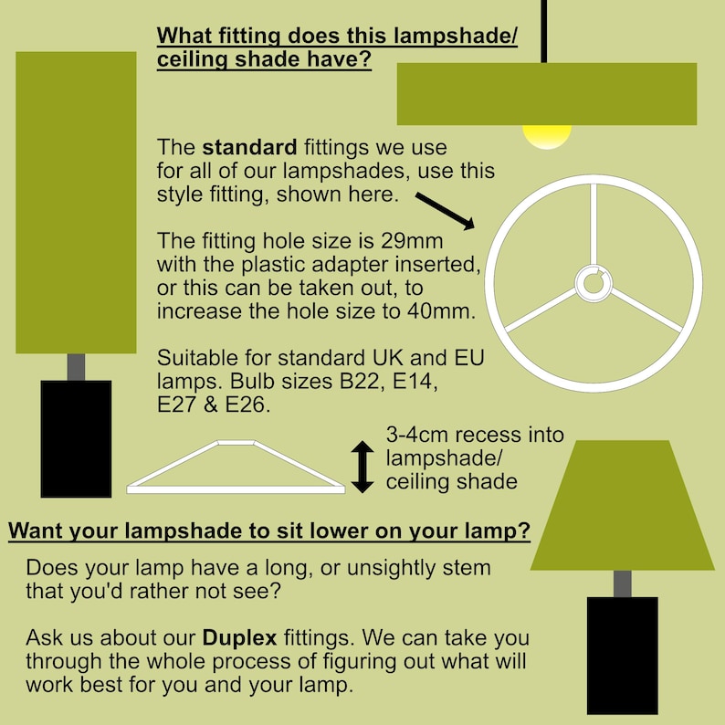 May include: An informational graphic about lampshade fittings featuring text, diagrams of a lampshade frame, and illustrations of lamps. It specifies a 29mm hole size with a plastic adapter, expandable to 40mm, and mentions compatibility with B22, E14, E27, and E26 bulbs.