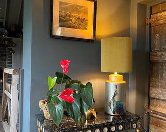 May include: A table lamp with a cylindrical base featuring a peacock illustration and a mustard yellow velvet drum shade, positioned next to a potted anthurium plant with bright red spathes and green leaves on a dark marble-topped console table.
