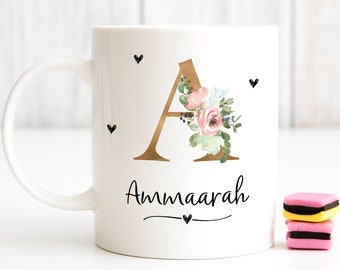 Personalised Initial Mug Gold = Any Letter Floral Alphabet Tea Coffee Hot Chocolate Cup Gift For Her - Birthday