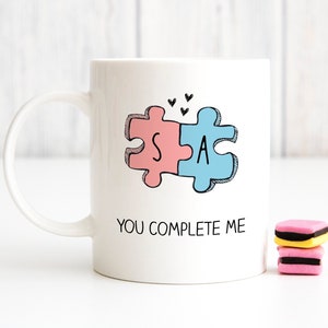 You Complete Me - Couples Custom Calligraphy Mugs - Personalised - with names on the other side, jigsaw