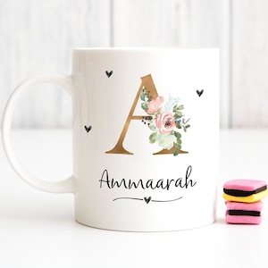 Personalised Initial Mug Gold = Any Letter Floral Alphabet Tea Coffee Hot Chocolate Cup Gift For Her - Birthday