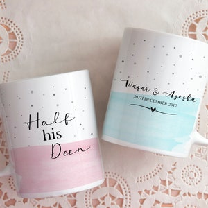 Personalised Couple Mugs set - Half His Deen / Half Her Deen with names on the other side