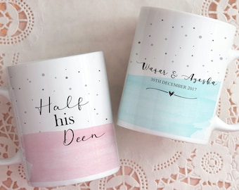 Personalised Couple Mugs set - Half His Deen / Half Her Deen with names on the other side