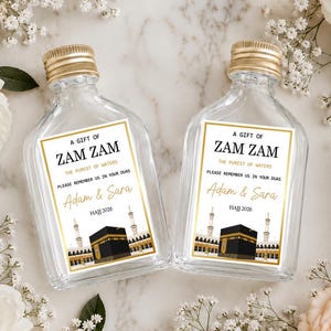 Personliga Zam Zam-klistermärken, Umrah, Hajj, Ramadan, Eid och bröllops-Nikkah-presenter, anpassade islamiska flasketiketter, presenter