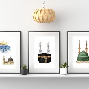 Beautiful Islamic Print, 3 Mosque Print, Holy Kaaba, Masjid An-Nabawi, Masjid Al Aqsa, Islamic Holy Places, Eid Ramadan Gift, Print Only