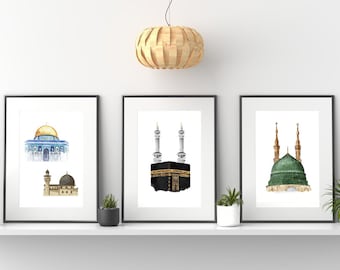 Beautiful Islamic Print, 3 Mosque Print, Holy Kaaba, Masjid An-Nabawi, Masjid Al Aqsa, Islamic Holy Places, Eid Ramadan Gift, Print Only