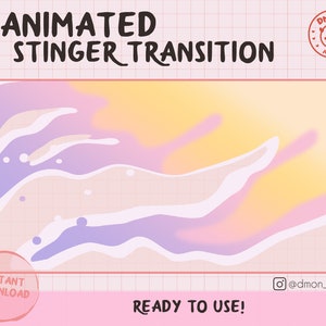 May include: An animated stinger transition graphic with a pastel color scheme. The design features flowing shapes in shades of yellow, pink, purple, and white. Text includes "Animated Stinger Transition", "Instant Download", and "Ready to Use!"