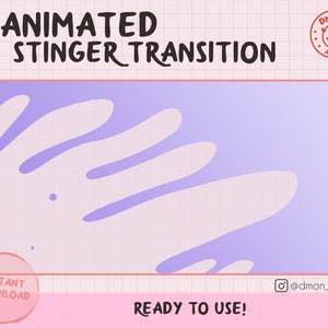 Puede incluir: Gráfico de transición de stinger animado con un fondo de cuadrícula rosa y blanco. El gráfico presenta una forma rectangular con un diseño morado claro. El texto incluye "Animated Stinger Transition", "Instant Download" y "Ready to Use!"