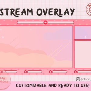 Puede incluir: Un diseño de superposición de transmisión rosa y blanco con el texto "STREAM OVERLAY". El diseño incluye un área de visualización central grande, cuadros más pequeños y detalles en forma de corazón. El texto dice "INSTANT DOWNLOAD" y "CUSTOMIZABLE AND READY TO USE!"