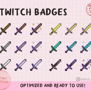 May include: A collection of pixel art sword icons for Twitch badges, arranged in a grid. The swords feature various colours including brown, yellow, teal, grey, and purple, with some versions displaying added sparkle effects. Text reads TWITCH BADGES.