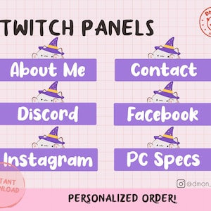Puede incluir: Un conjunto de seis paneles rectangulares morados para Twitch con un gato blanco que lleva un sombrero de mago morado. Los paneles están etiquetados como About Me, Contact, Discord, Facebook, Instagram y PC Specs. La imagen incluye el texto TWITCH PANELS, DMON AT WORK, INSTANT DOWNLOAD y PERSONALIZED ORDER.