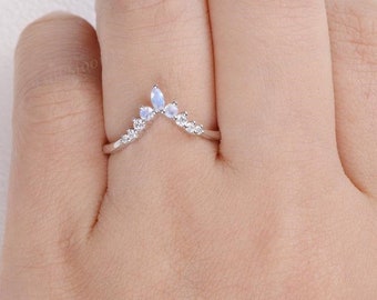 V Shaped Moonstone & CZ Band - Silver Jewelry - July Birthstone Ring - Proposal and Anniversary Ring - Curved Band