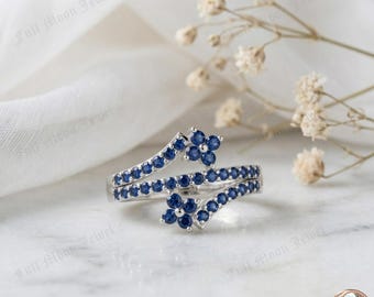 Blue Sapphire Flower Ring 925 Sterling Silver Floral Bypass Criss Cross Jewelry September Birthstone