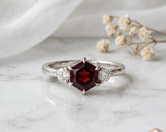 Hexagon Garnet Ring 925 Sterling Silver Cubic Zirconia Trilogy Geometric Art Deco Engagement Jewelry