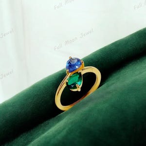Emerald and Sapphire Two Stone Ring, Pear Cut Gemstones, 925 Sterling Silver or 14K Gold, Bypass Ring, Promise Ring, Gift for Her