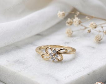 Moissanite Flower Ring 925 Silver Bow Band Delicate Floral Promise Jewelry