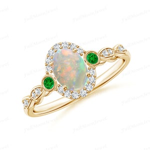 Opal and Emerald Ring – Fire Cabochon Opal Emerald CZ Halo Ring – 925 Sterling Silver – May & October Birthstone Gift –Statement Bridal Ring