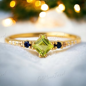 Euphoria Peridot and Sapphire Ring - Blue Stone Jewelry - September Birthstone Ring for Her - Peridot CZ Ring -Sapphire Accent-Gift for Her"
