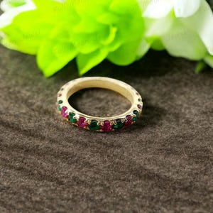 Lab-Created Ruby Emerald Eternity Band – Sterling Silver Full Eternity Ring – Stackable Birthstone Ring – Vintage Style Wedding Band