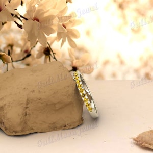 Citrine Eternity Band Ring – Yellow Gold Round Cut November Birthstone Stackable Half Infinity Band – Unisex Wedding or Gift for Her