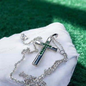 Emerald Cross Necklace, Round Cut Emerald Pendant, Solid Silver or Gold Finish, Green Gemstone Christian Cross, Gift for Communion