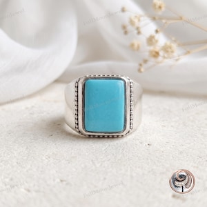 Mens Minimalist Turquoise Ring 925 Silver Rectangular Stone Beaded Edge Signet Band