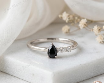 Pear Black Onyx Ring 925 Sterling Silver Cubic Zirconia Asymmetrical Teardrop Alternative Engagement Jewelry