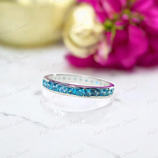 Bague d'éternité topaze bleue, alliance en or 14 carats, bague de naissance de décembre, bague à superposer en argent sterling, cadeau pour elle, bague topaze