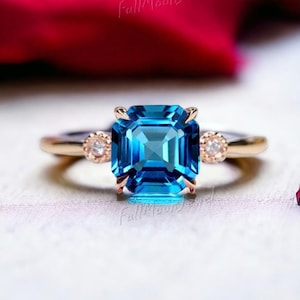 London Blue Topaz and Cubic Zircon Birthstone Ring, 14K Gold Topaz and Diamond Ring, December Birthstone Gift for Her