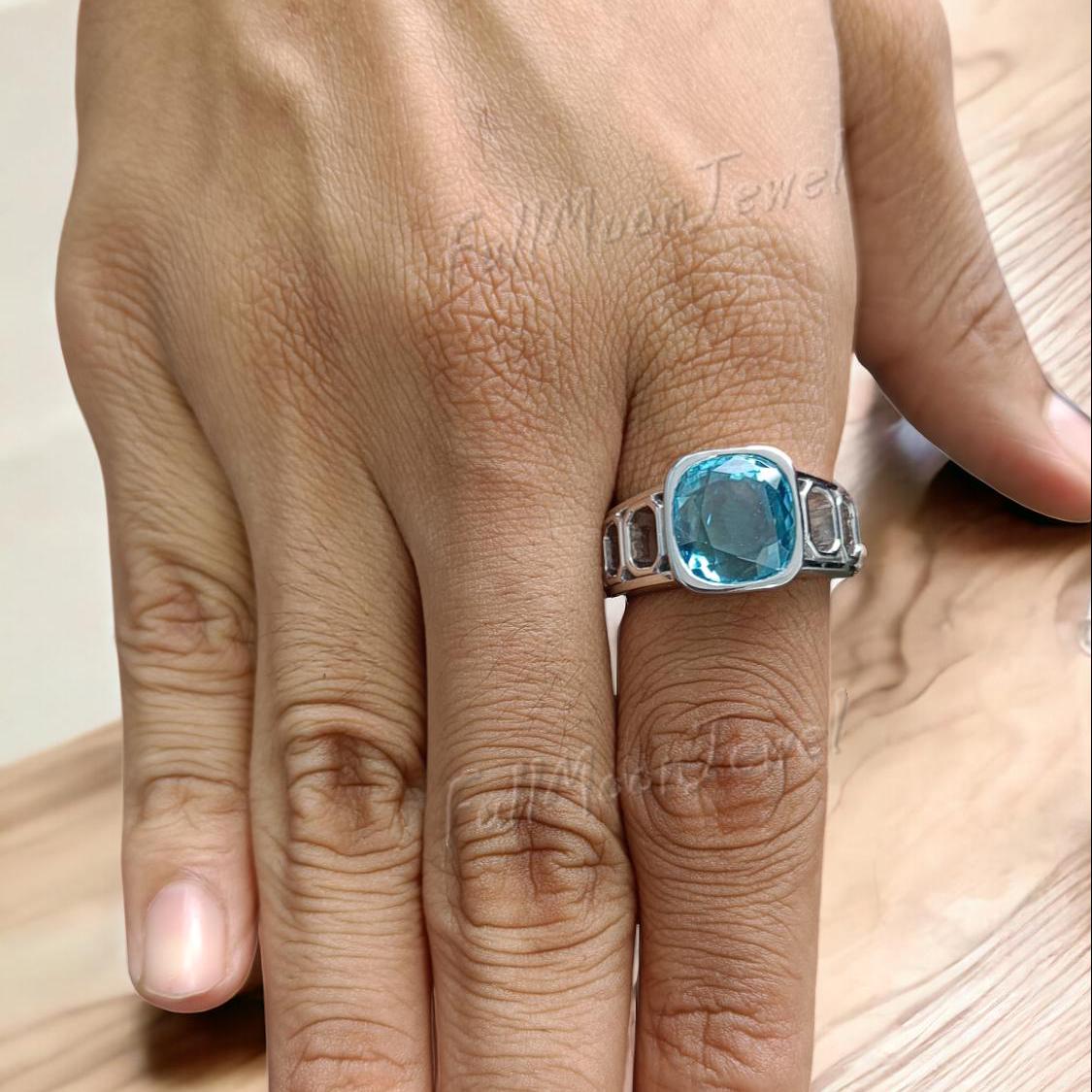 Blue Zircon Gold Ring - Dainty 14K Gold Band, Mystical