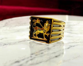 Handgemaakte zegelring Lion of Judah, Bob Marley-stijl, 14K gold filled of zilver, ring met Ethiopische vlag, kroon herenring, reggae-sieraden
