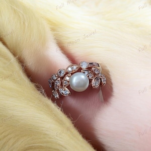 Pearl Engagement Ring Set – Vintage Style | CZ Curved Wedding Band | 925 Sterling Silver or 14K Gold | June Birthstone Gift for Her