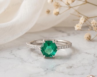 Hexagon Emerald Ring 925 Sterling Silver Cubic Zirconia Geometric Art Deco Pave Engagement Jewelry