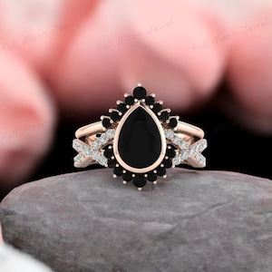 Vintage Black Onyx Engagement Ring Set White Gold Art Deco