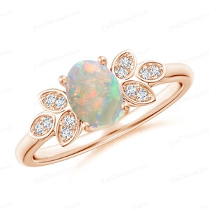 White Opal CZ Engagement Ring | Oval October Birthstone Ring | Nature Inspired Leaf Band | 925 Silver Gift for Her | Vintage Bridal Ring