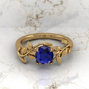 Sapphire Leaf Ring - September Birthstone Engagement Ring - Blue Stone Jewelry - Unique Design - Anniversary Gift for Her