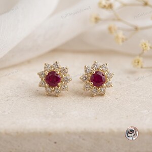 Floral Ruby Halo Earrings 925 Sterling Silver Round Gemstone Studs Vintage Starburst Jewelry