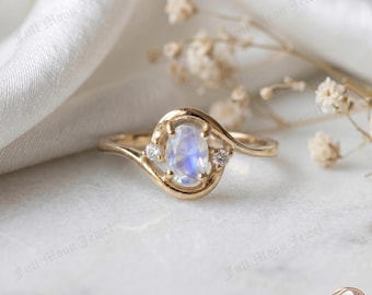 Oval Moonstone Bypass Ring CZ 925 Sterling Silver Dainty Infinity Promise Band