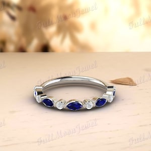 Marquise Sapphire CZ Eternity Ring, September Birthstone Band, Stackable Blue Sapphire and Diamond CZ Wedding Band, 925 Silver Ring