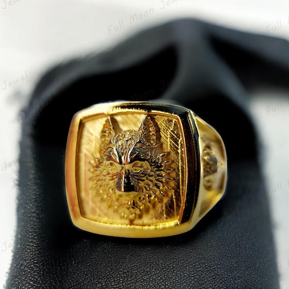 Alpha Wolf Head Ring, 14kgold Men's Signet Ring, Handmade Animal
