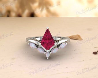 Ruby Kite Ring, Opal with Ruby Lily Arc Ring, July birthstone jewelry, Ruby Heavy design Ring, unique engagement ring, Ruby Ring for Wedding