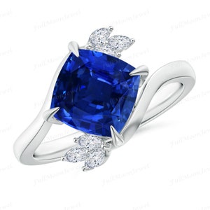 Blue Sapphire Engagement Ring, Square Cut Solitaire, 14K Gold or 925 Silver, CZ Halo Bridal Ring, September Birthstone Gift for Her