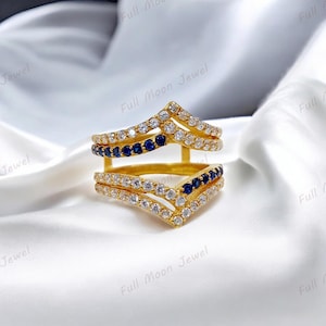 Verhogingsring met blauwe saffier | 14K gouden beschermband | Solitaire wikkelring | Zirkoon diamantversterkingsband | Huwelijksverjaardagscadeau