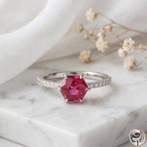 Hexagon Ruby Ring 925 Sterling Silver Modern Geometric Engagement Band Red Gemstone Pave Jewelry