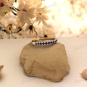 Blue Sapphire Half Eternity Band, 14K Solid Gold Micro Pave Ring, Stacking Wedding Band, September Birthstone, Anniversary Gift Ring