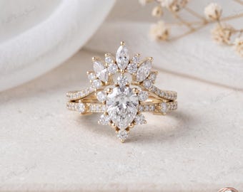 Pear Moissanite Bridal Set 925 Sterling Silver Crown Curved Engagement Ring