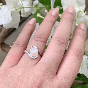 Fresh Water Pearl Ring, American Diamond Ring, 925 Silver Sterling Ring, Engagement Ring, June Birthstone Ring, Simple Designs Ring for Her image 1