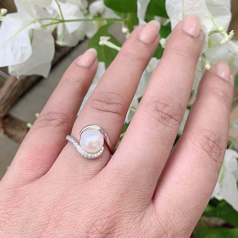 Fresh Water Pearl Ring, American Diamond Ring, 925 Silver Sterling Ring, Engagement Ring, June Birthstone Ring, Simple Designs Ring for Her image 1