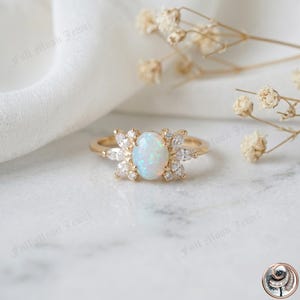 Oval Opal Ring CZ Cluster 925 Sterling Silver Vintage Promise Engagement Jewelry